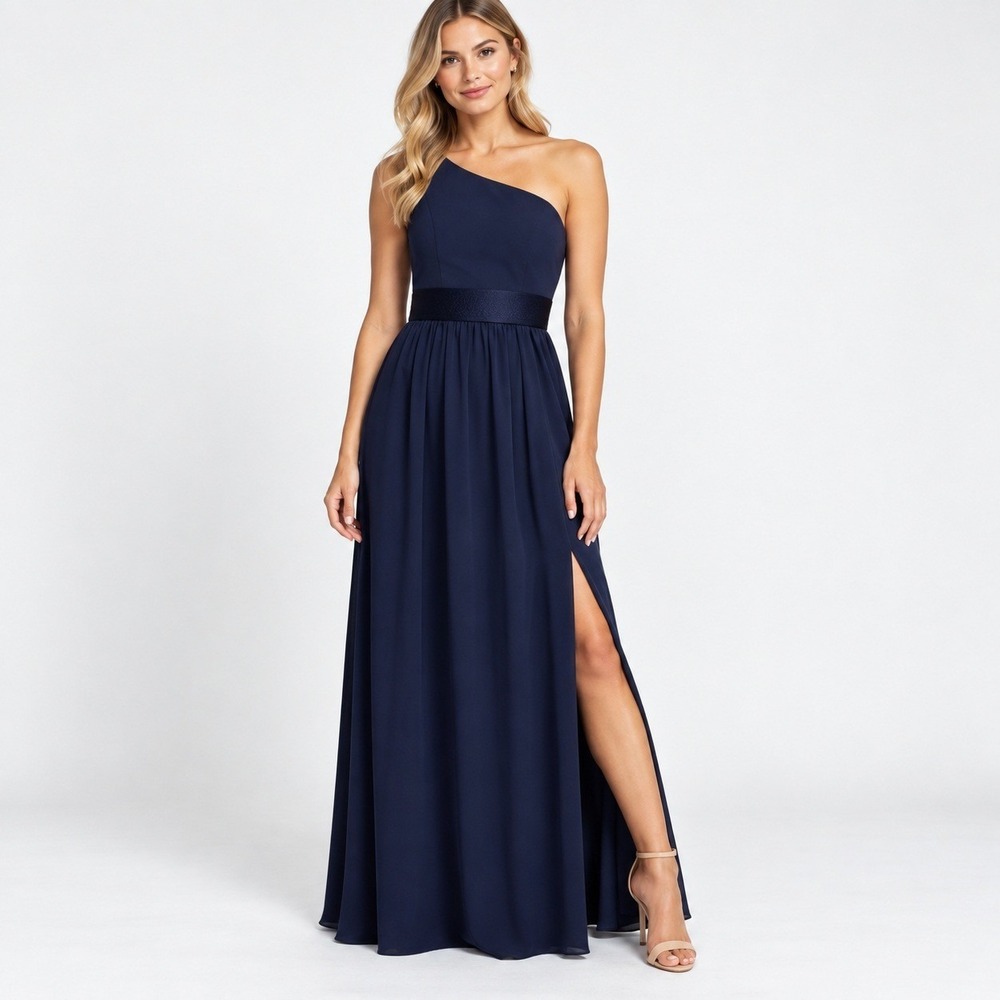 White by Vera Wang One Shoulder Gown 4 Midnight Blue Formal Slit Gala Wedding